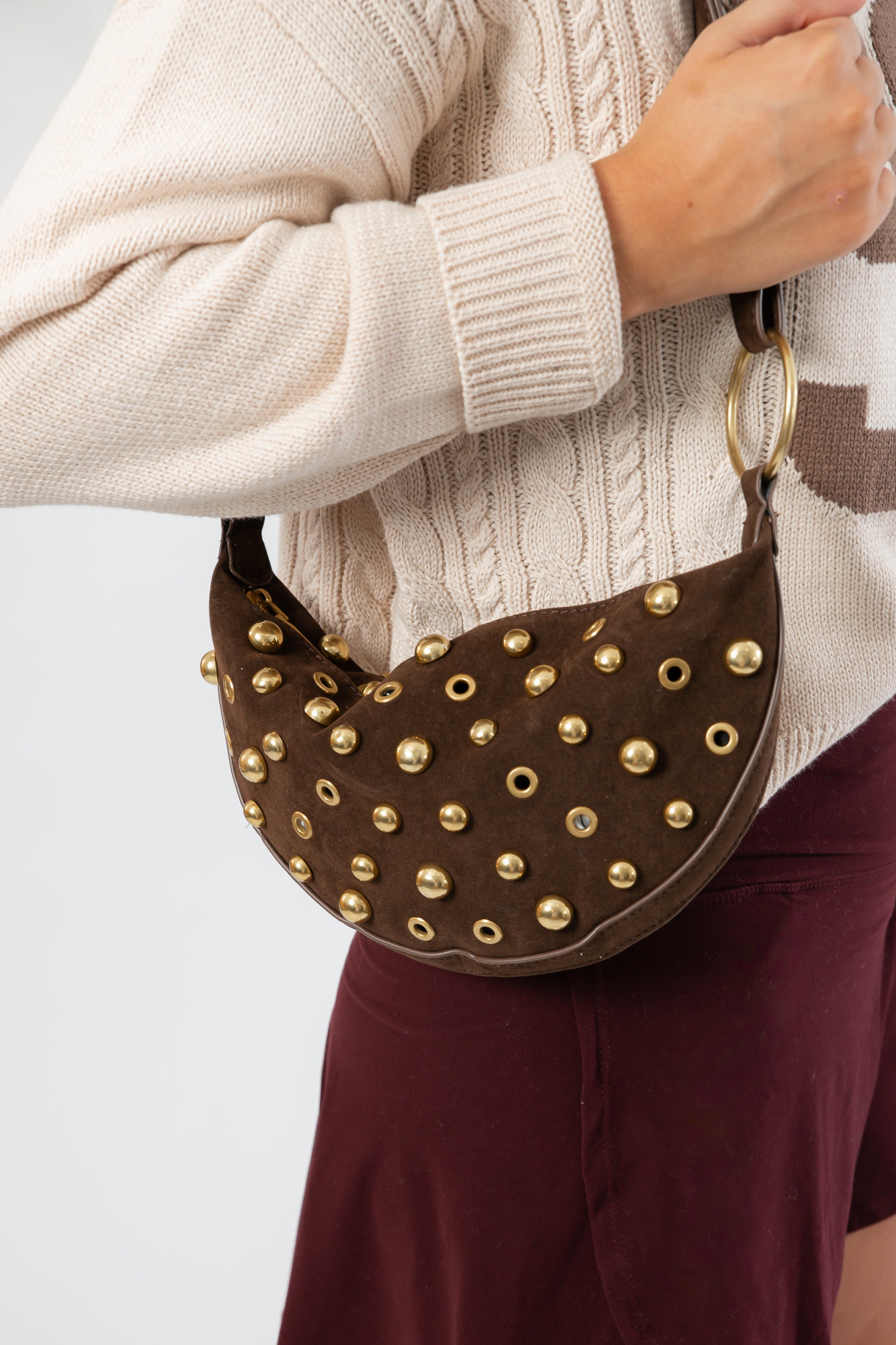 Brown Studded Shoulder Bag
