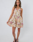 Back view of floral halter dress with open back and tie strap