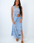 women's sky blue crochet tank and midi skirt set