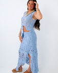 women's sky blue crochet tank and midi skirt set