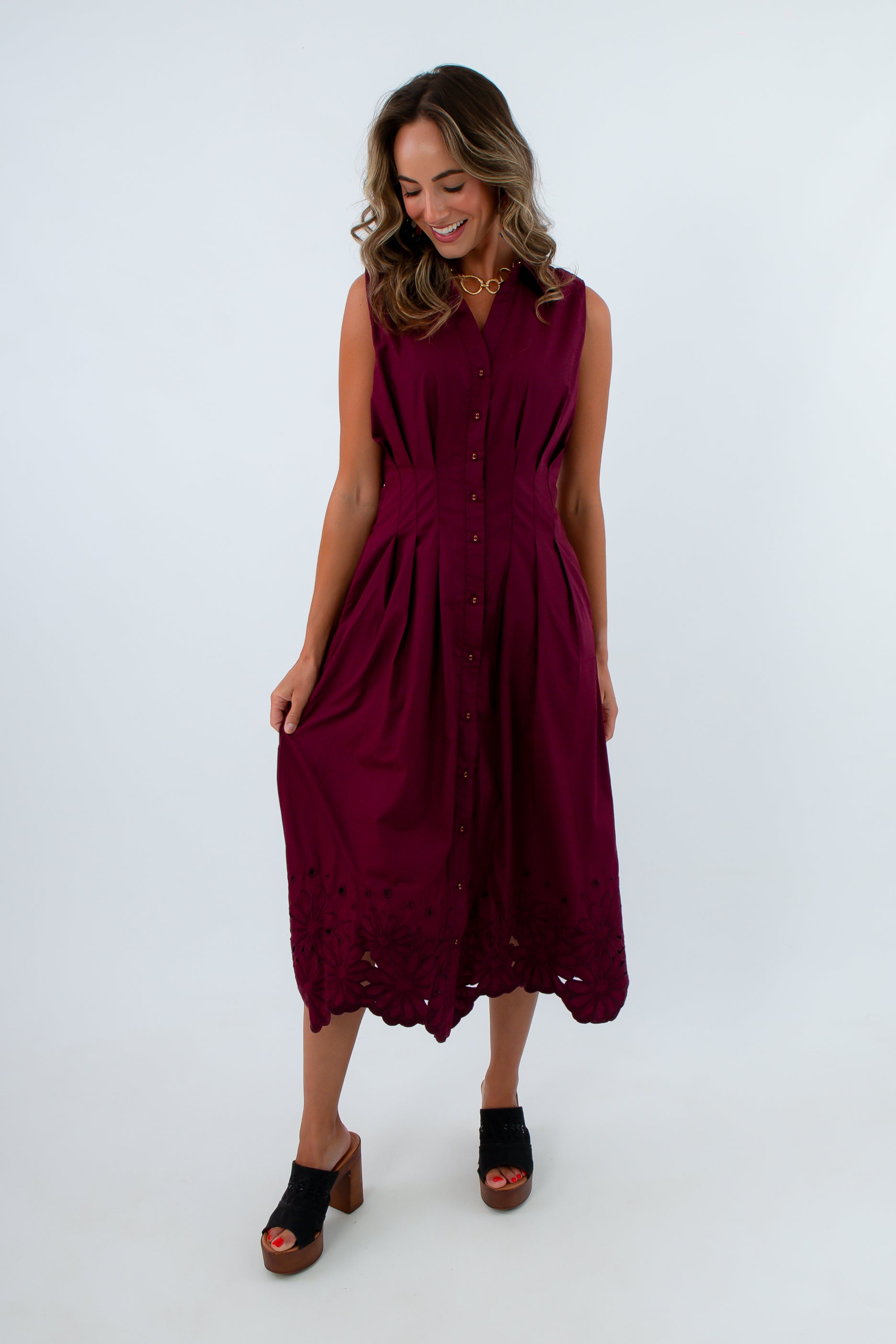 Win or Lose Wine Collared Eyelet Trim Midi Dress