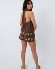 Boho brown embroidered halter top with starfish and shell motifs, back view