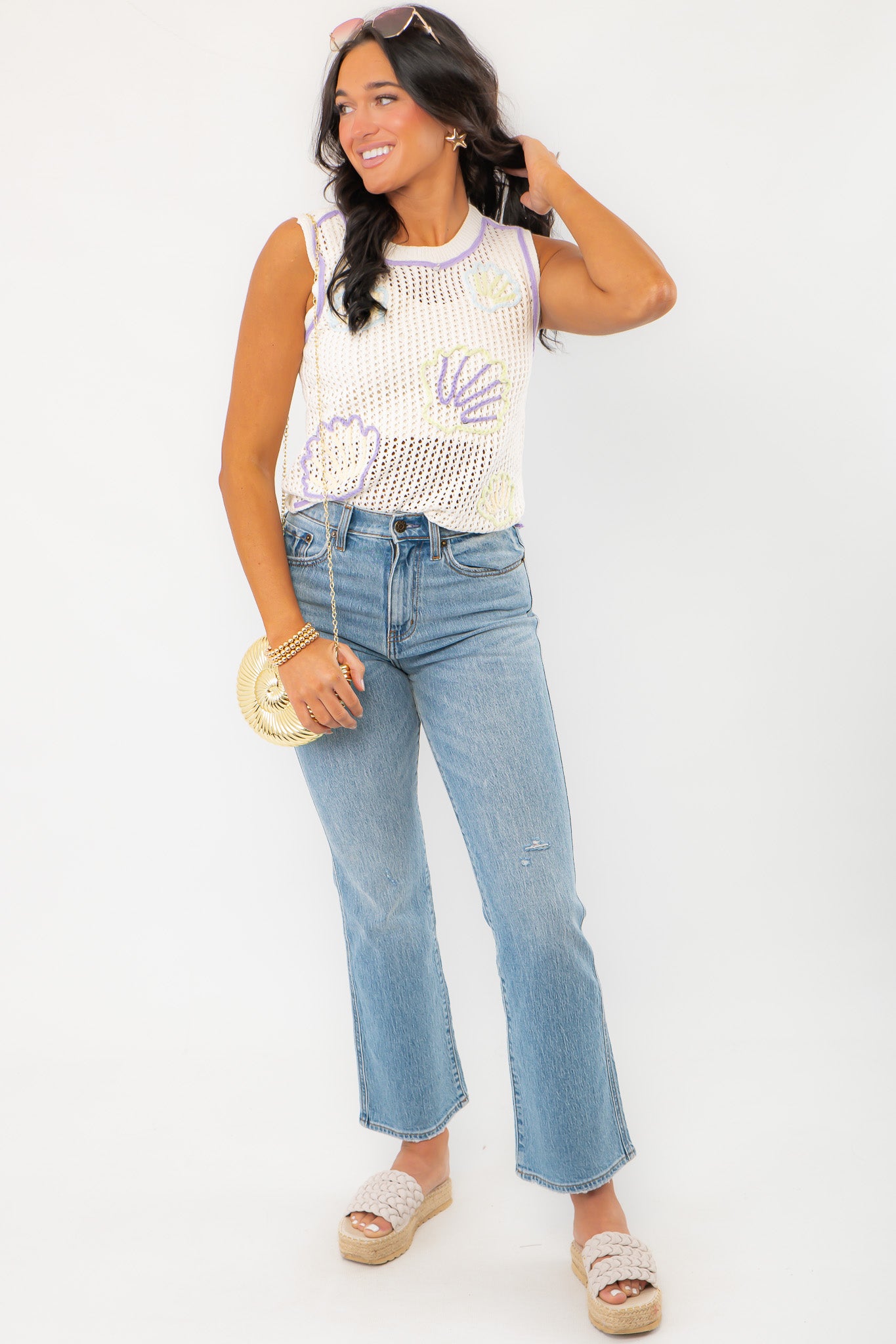 Gia Crochet Shell Knit Tank features a sleeveless white crochet design with pastel shell patterns, perfect for effortless summer beachwear.