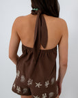 Back view of boho brown summer tank top with embroidered sea life designs