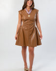 Front view of Coffee Date Chocolate Faux Leather Mini Dress featuring a flattering A-line silhouette and cap sleeves in mocha brown.