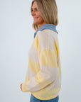 Yellow and white striped pullover with blue collar, fall layering pieces, lightweight fall knit, yellow and white striped sweater