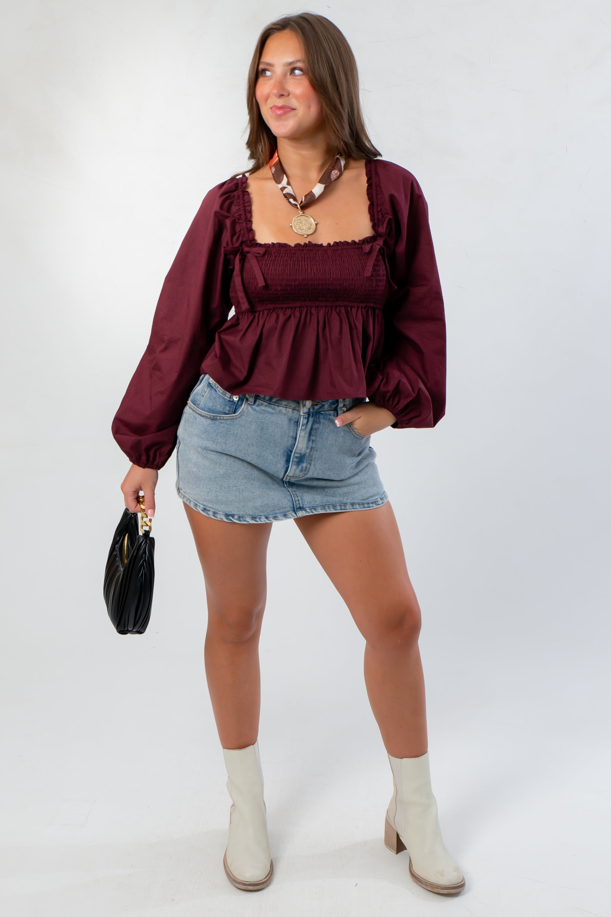 Nora Burgundy Square Neck Smocked Top