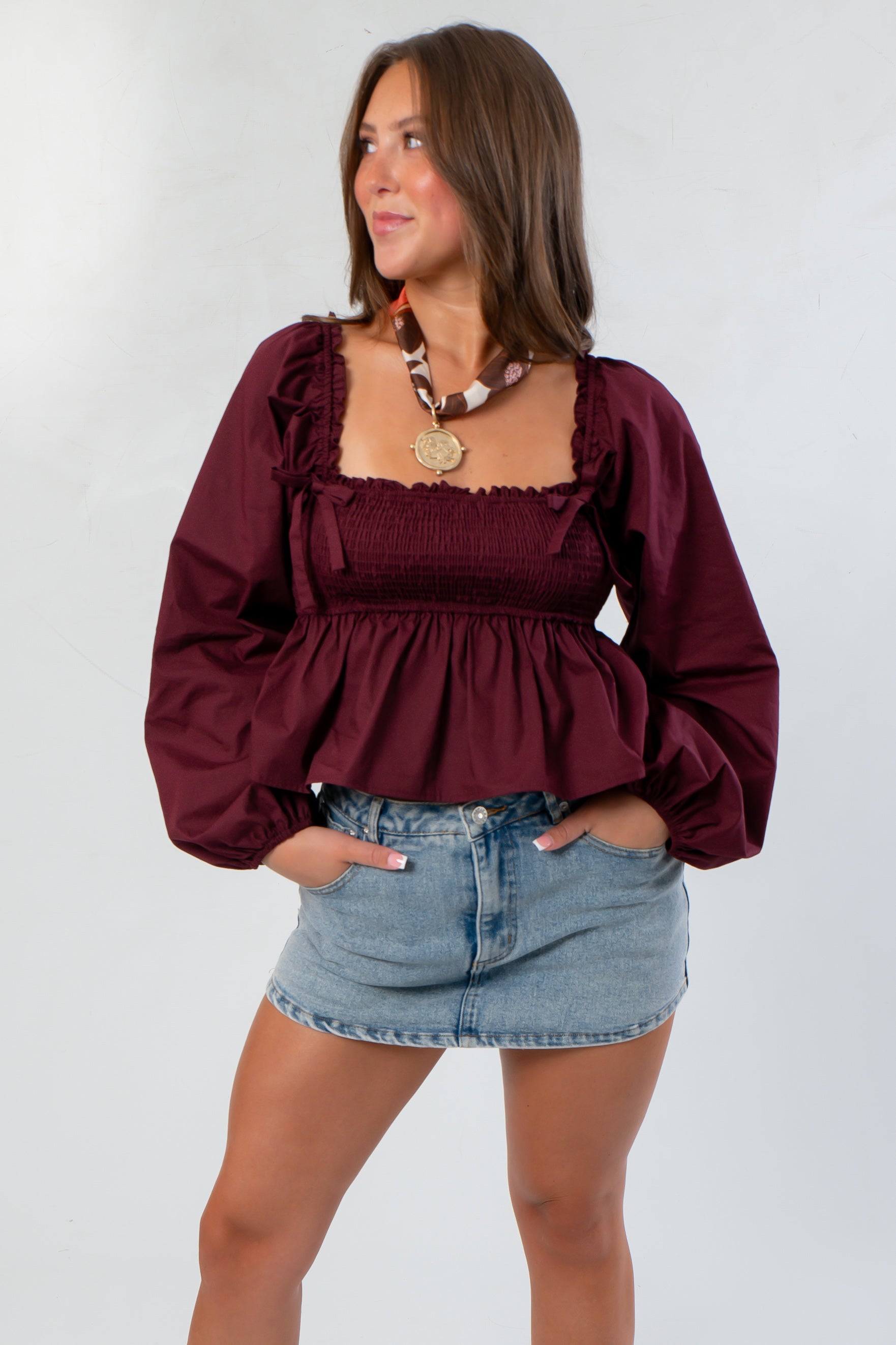 Nora Burgundy Square Neck Smocked Top