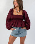 Nora Burgundy Square Neck Smocked Top