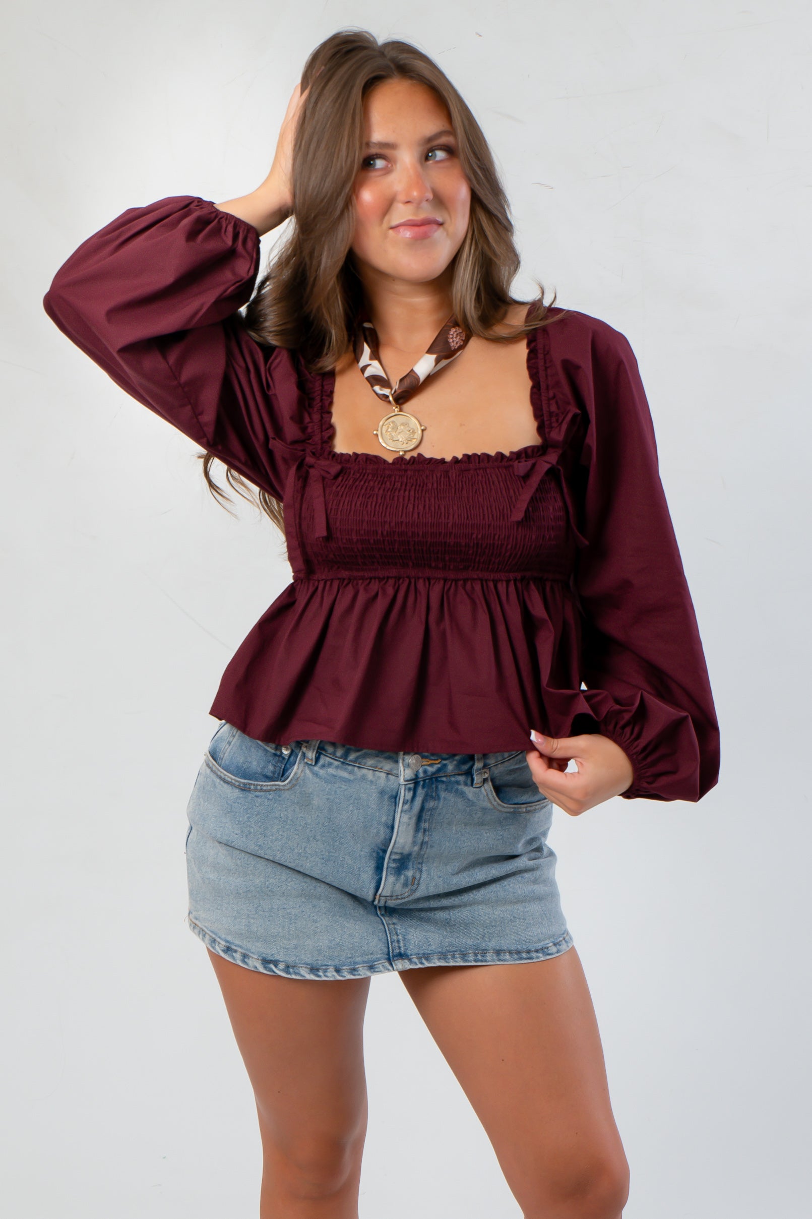 Nora Burgundy Square Neck Smocked Top