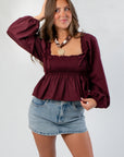 Nora Burgundy Square Neck Smocked Top