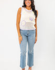 Gia Crochet Shell Knit Tank features a sleeveless white crochet design with pastel shell patterns, perfect for effortless summer beachwear.