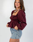 Nora Burgundy Square Neck Smocked Top