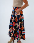 Comfortable maxi skirt with printed stamp pattern, navy maxi skirt, colorful maxi skirt
