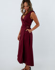 Elegant fall wedding guest burgundy midi wrap dress, fall wedding guest dress, elegant burgundy dress