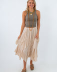 statement midi skirt for game day, beige midi skirt with ruffles, unique midi skirt