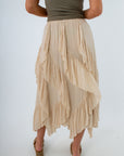 midi skirt with ruffle detailing, midi skirt with cascading ruffles, ivory midi skirt