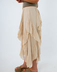 versatile beige midi skirt with ruffle detailing, ruffled skirt, long beige skirt, long neutral skirt