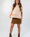 Harvest Spice Stripe Sweater Vest – Cozy Fall Knit Vest L Mae Boutique styled with brown suede mini skirt and ankle boots, perfect for layering.