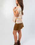 Side profile of Harvest Spice Stripe Sweater Vest – Cozy Fall Knit Vest L Mae Boutique showing relaxed fit and ribbed hem design.