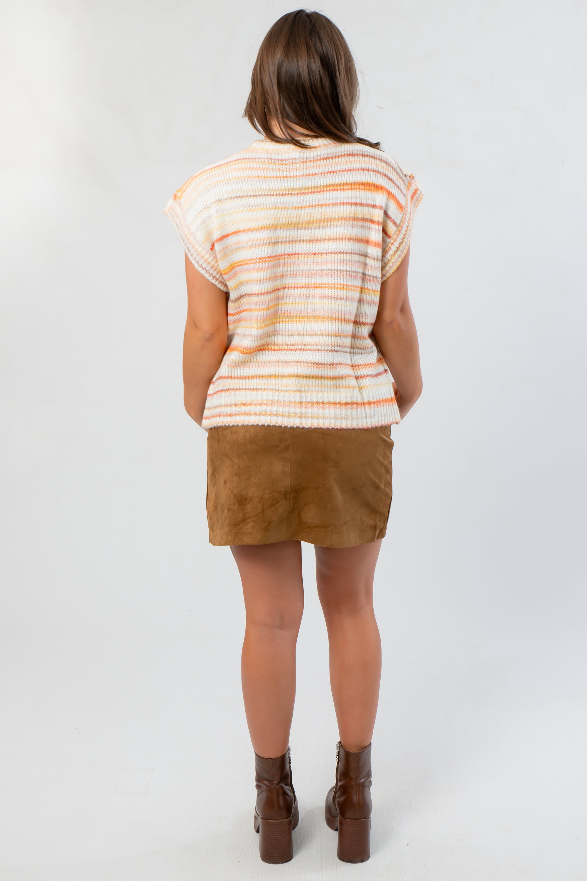 Back view of Harvest Spice Stripe Sweater Vest – Cozy Fall Knit Vest L Mae Boutique featuring horizontal stripes and soft knit texture.