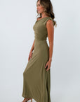 Fully lined fall wedding guest midi dress in khaki, Fully lined fall wedding guest midi dress in olive green