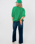 Gwen Green Striped Top – Back view of casual green striped short sleeve top, showcasing relaxed fit and drop shoulder design.