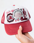 USC Foam Trucker Hat - GS White/Maroon featuring Williams-Brice Stadium patch, Gamecocks logo, and 'Spurs Up' embroidery, ideal for fans.