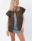 Bittersweet Chocolate Brown Faux Leather Oversized Vest – Modern Style layered over mesh top and denim skirt, perfect for trendy fall outerwear.