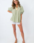 Farmer's Market Stroll Sage Gingham Blouse styled with white shorts and oyster shell jewelry