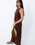 Women wearing Z Supply Chocolate Cherry Scout Linen Pant in relaxed linen style