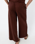 Relaxed brown linen pants for women, casual lounge bottoms, wide-leg trousers, comfortable travel wear