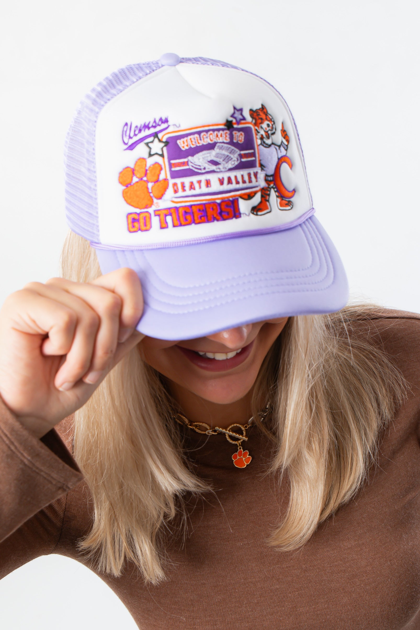 Clemson White & Lavender Foam Trucker Hat
