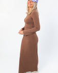 Z Supply Brown Demure Cropped Long Sleeve – Soft & Stretchy Fit, side profile highlighting the slim fit and fluted sleeve detail.