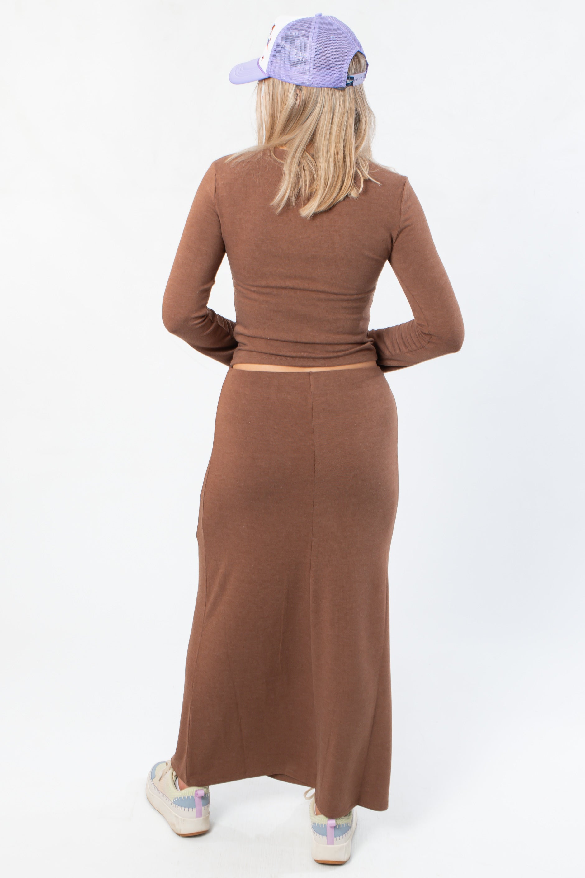 Z Supply Brown Demure Cropped Long Sleeve – Soft & Stretchy Fit, back view showing cropped hem and soft stretch fabric perfect for layering.