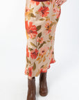 Wildflower Waltz Floral Printed Midi Slip Skirt from Wild Mabel Clothing featuring a vintage-inspired fall floral print in warm tones.
