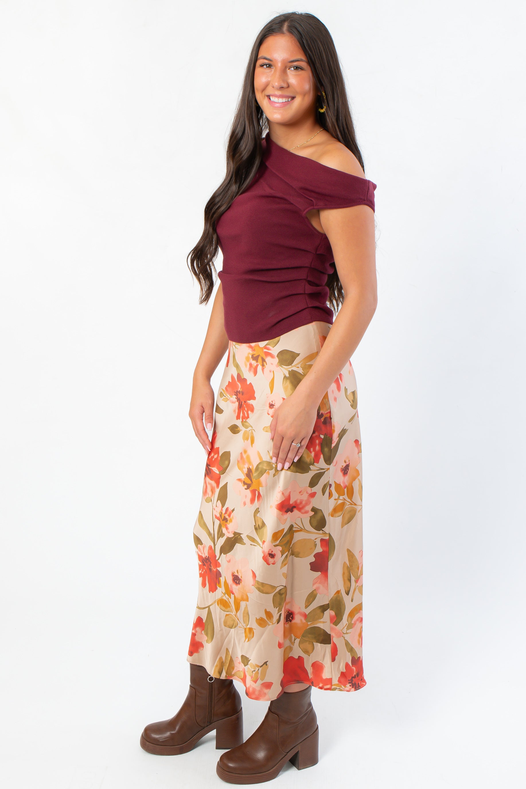 Wildflower Waltz Floral Printed Midi Slip Skirt - Wild Mabel Clothing styled with burgundy top and brown boots. Lightweight fall midi skirt with vintage floral print.