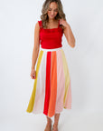red and yellow and orange and chartreuse panel midi skirt