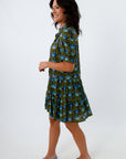 Brown block print button front mini dress, floral dress with buttons down the front, floral dress with puff sleeves, fully lined floral dress