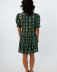 Fully lined fall floral mini dress with ruffle collar and puff sleeves, brown and blue mini dress, blue and green floral dress
