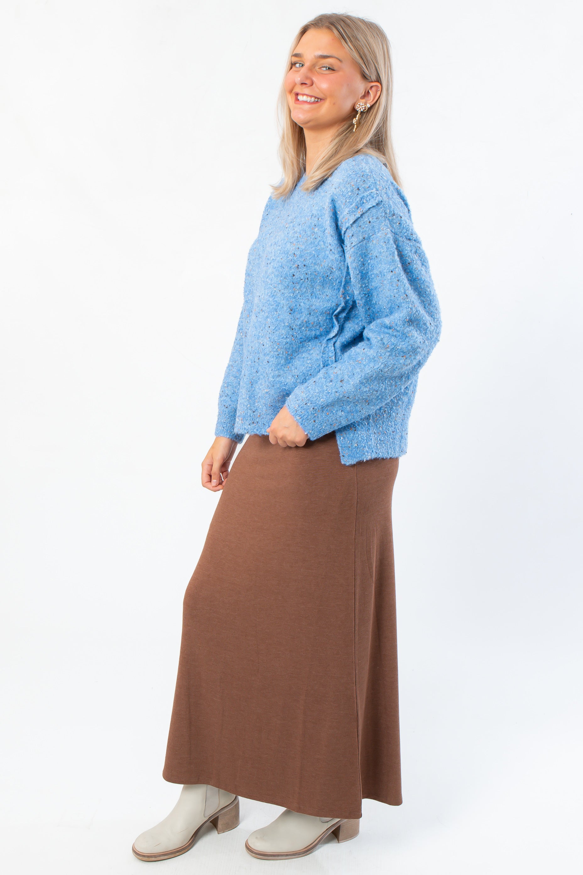 Side view of Lorelai Blue Marbled Round Neck Sweater showing oversized fit and textured knit, ideal for lounge or fall layering.