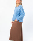 Side view of Lorelai Blue Marbled Round Neck Sweater showing oversized fit and textured knit, ideal for lounge or fall layering.