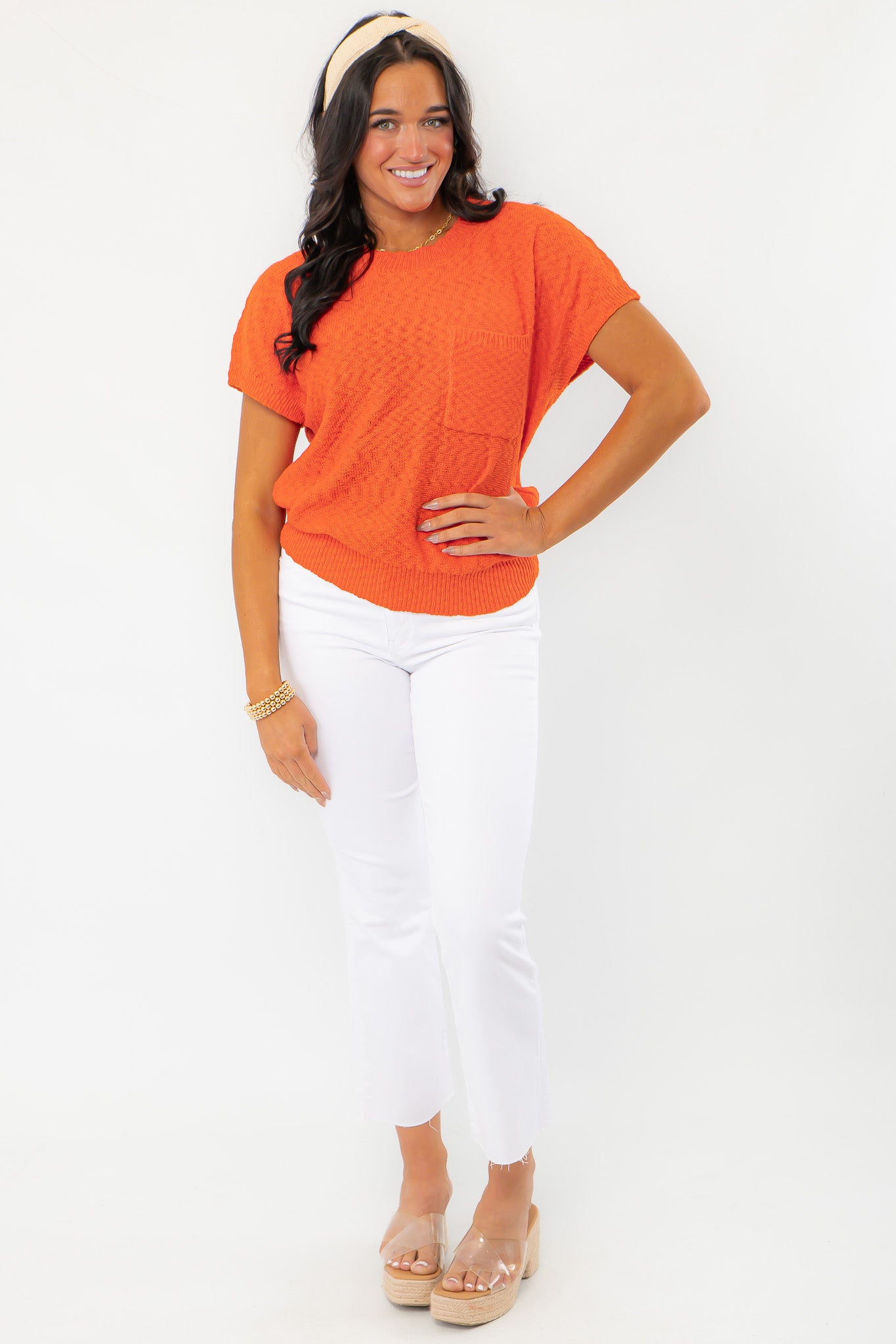 Orange Knit Short Sleeve Top