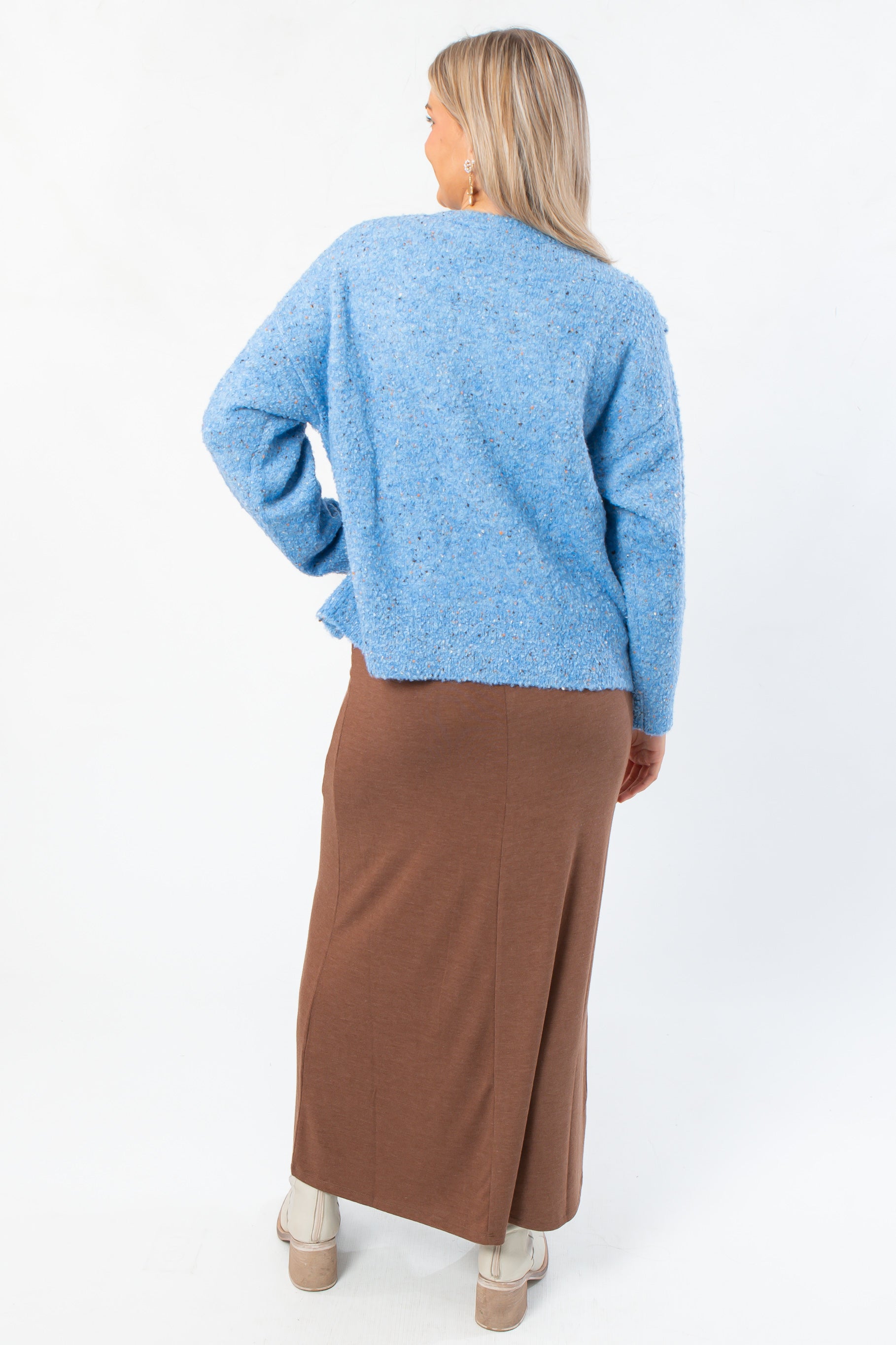 Back view of Lorelai Blue Marbled Round Neck Sweater highlighting its soft knit and relaxed silhouette, perfect for cozy casual wear.
