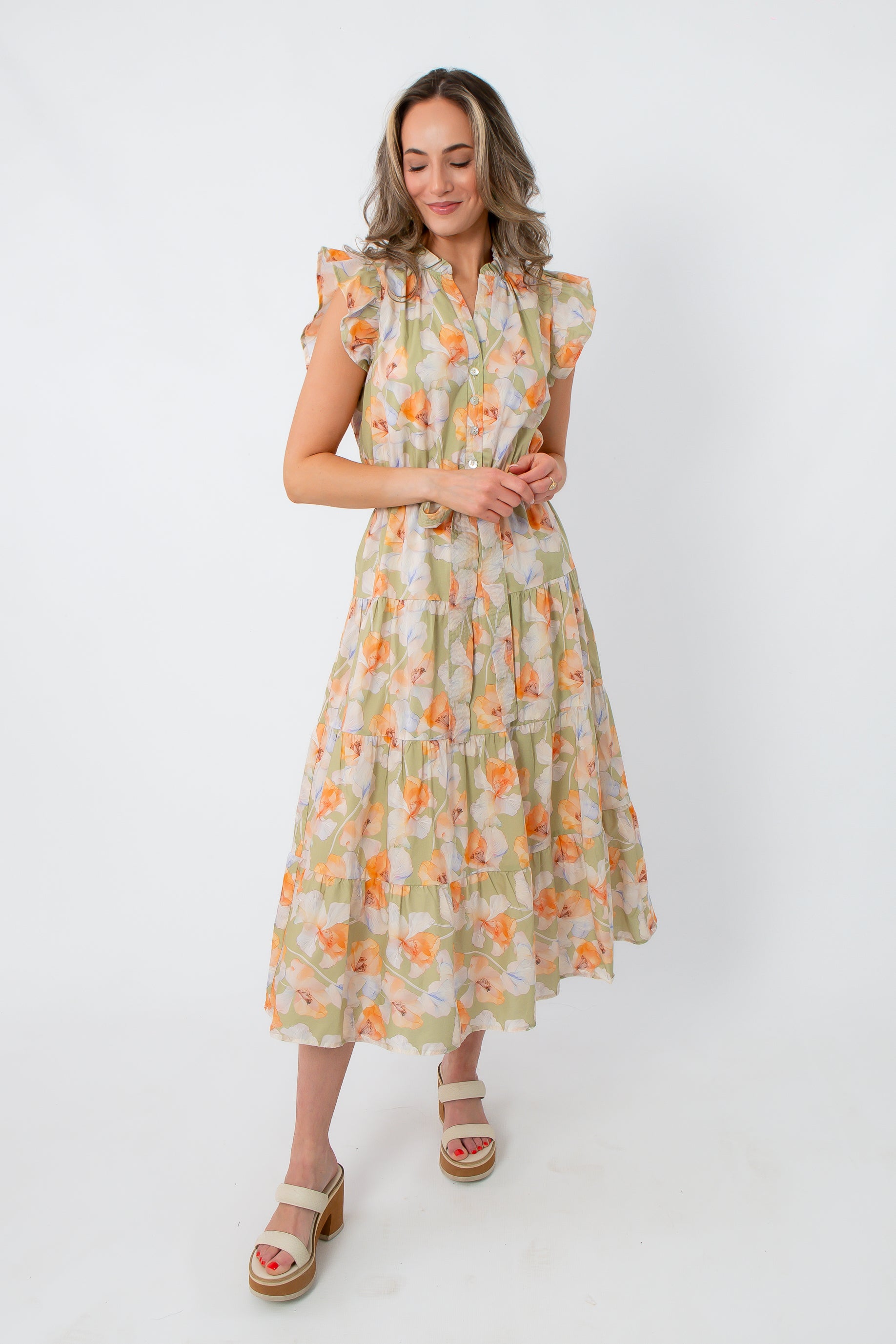 thml green floral dress Sage Midi Danya Long Sleeve Maxi GN /Style Measurements for 05/20/2026 Color:Blue/Wht Floral