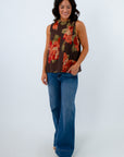 THML Maple Floral Panel Sleeveless Top with tie back, floral sleeveless top, brown sleeveless top
