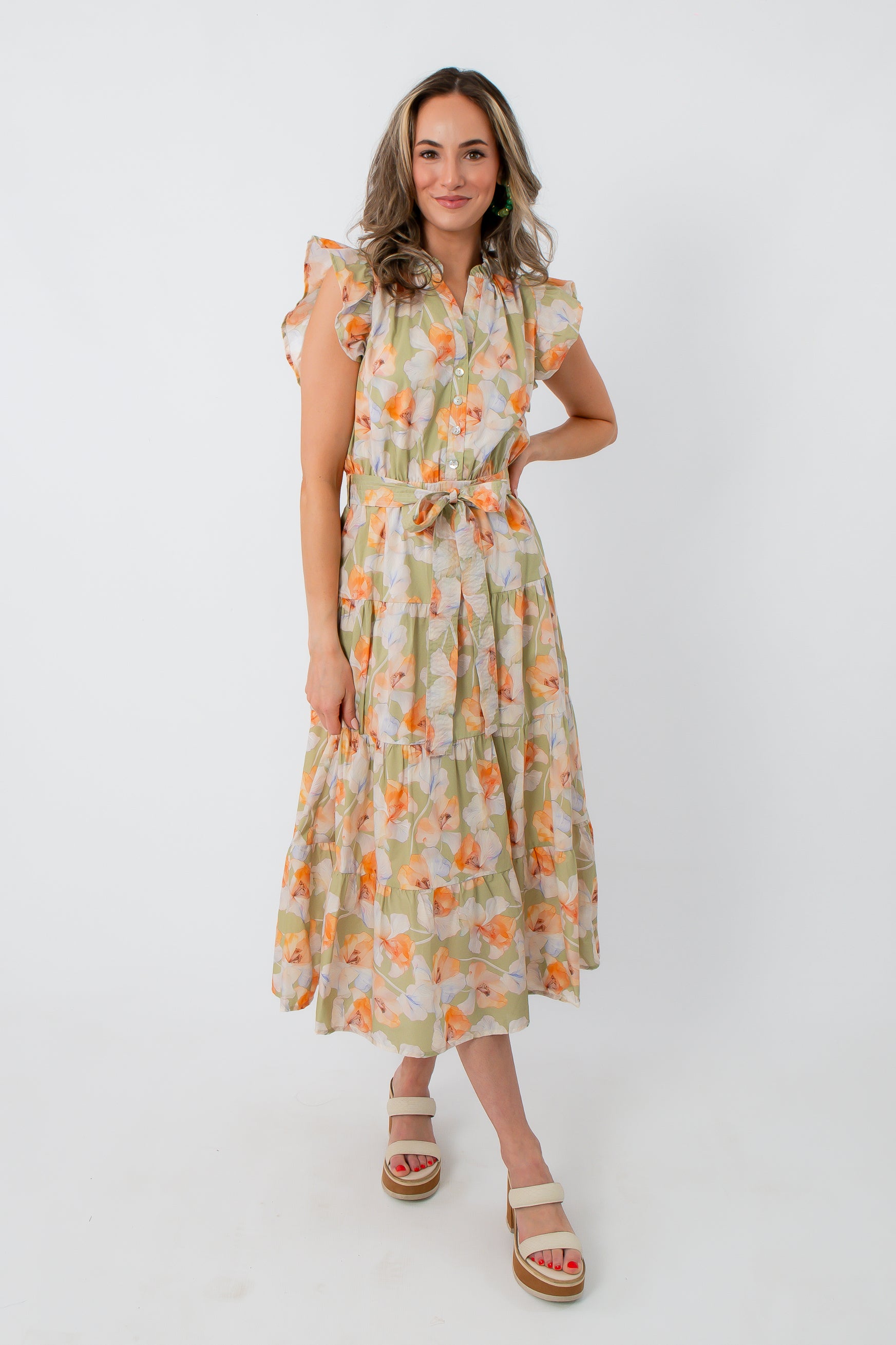 summer midi dress for women THML Sage Green Floral Midi Dress