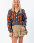 Blue Ridge Plaid Checkered Cardigan in navy with orange check pattern, button-up front, styled for fall layering in women's fashion.