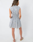 Blue and white embroidered mini dress with smocked waist and scalloped hem