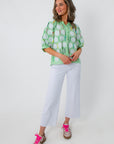 Green gingham sequin golf tee blouse with puff sleeves for women